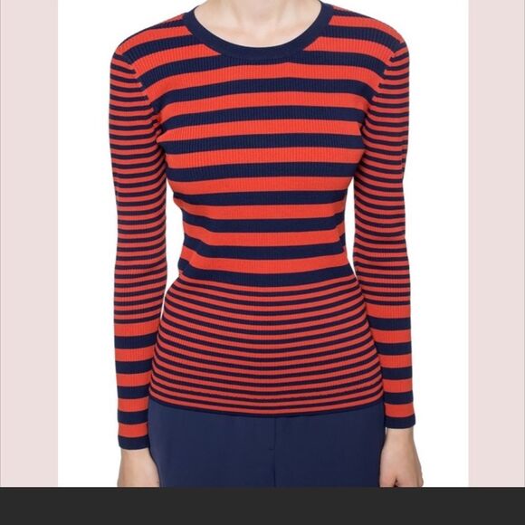Michael Michael Kors Orange/Blue Stripped stretch Ribbed Knit Sweater - Picture 3 of 6